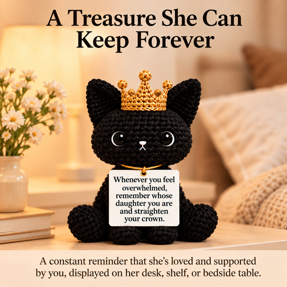 Remember Whose Daughter You Are Crochet Black Cat with Crown