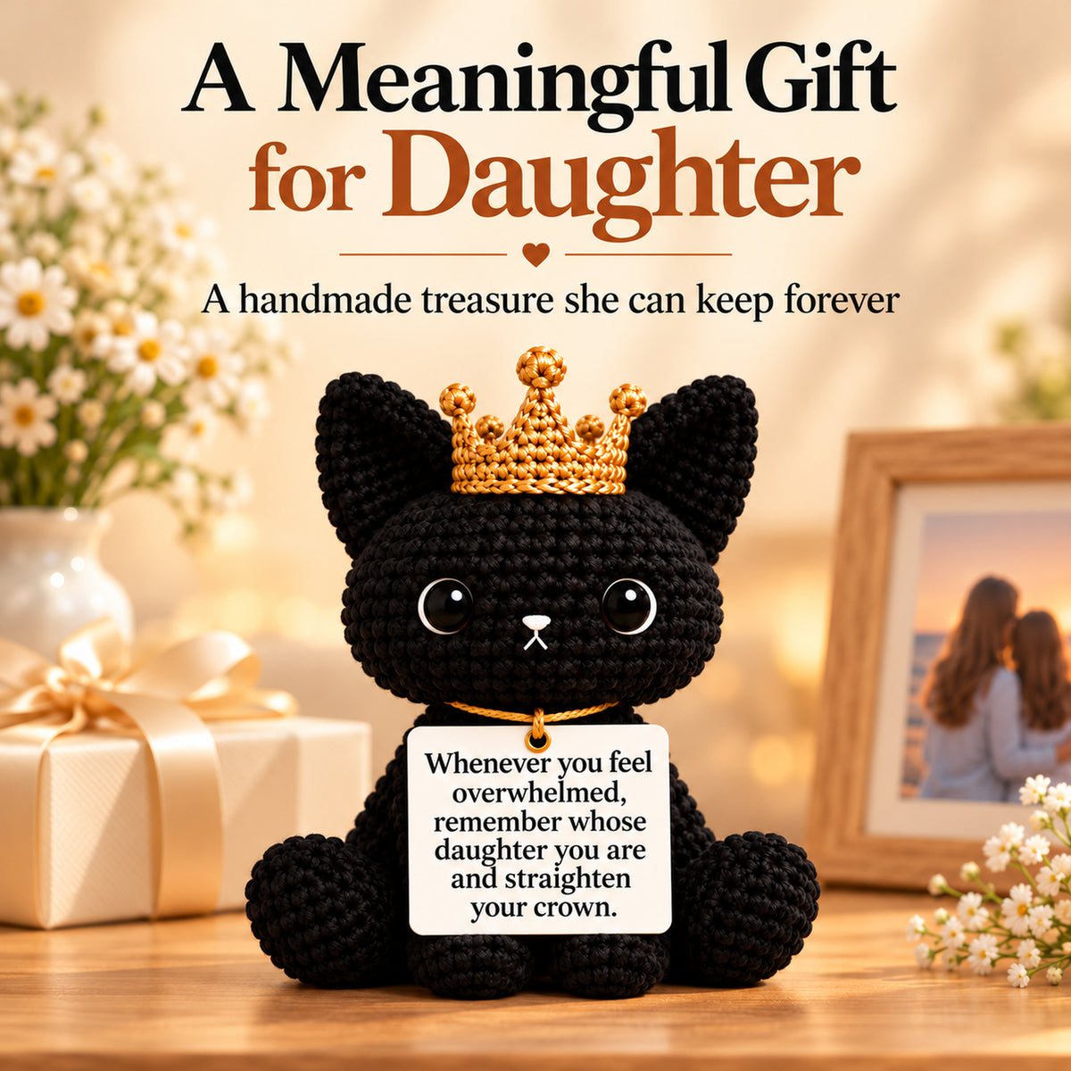 Remember Whose Daughter You Are Crochet Black Cat with Crown