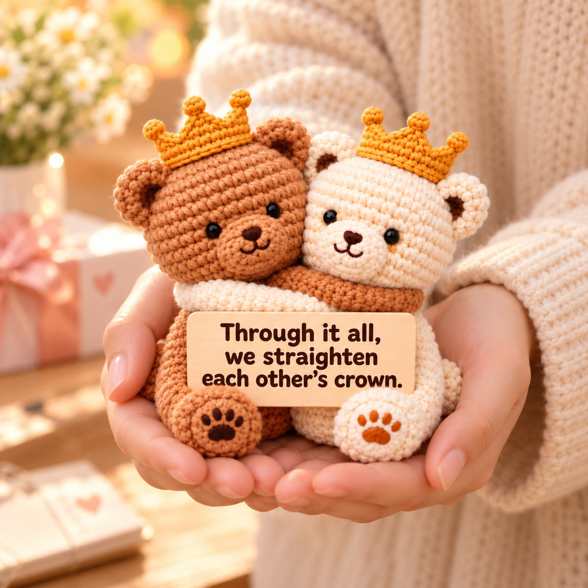 We Straighten Each Other's Crown Hugging Crochet Bear Pair