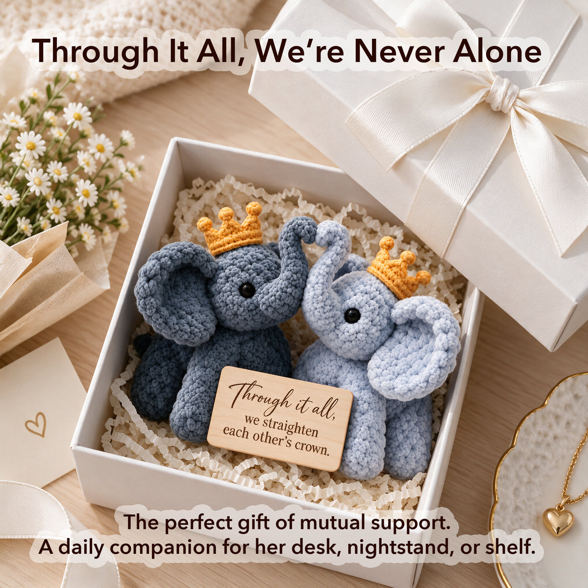 We Straighten Each Other's Crown Crochet Elephant Pair