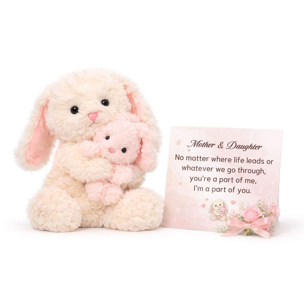 Hugging Mother & Daughter White & Pink Bunny Plush Gift for Mom