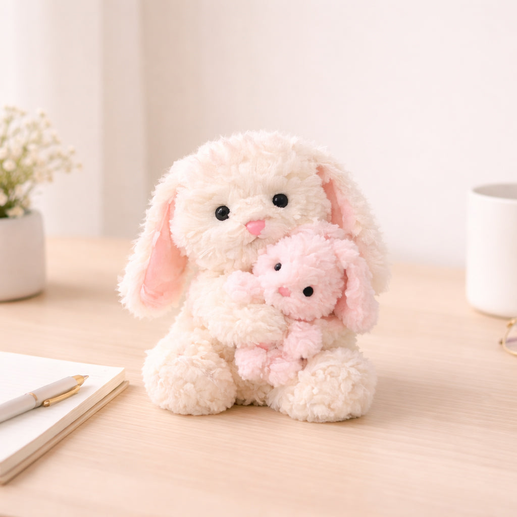 Hugging Mother & Daughter White & Pink Bunny Plush Gift for Mom
