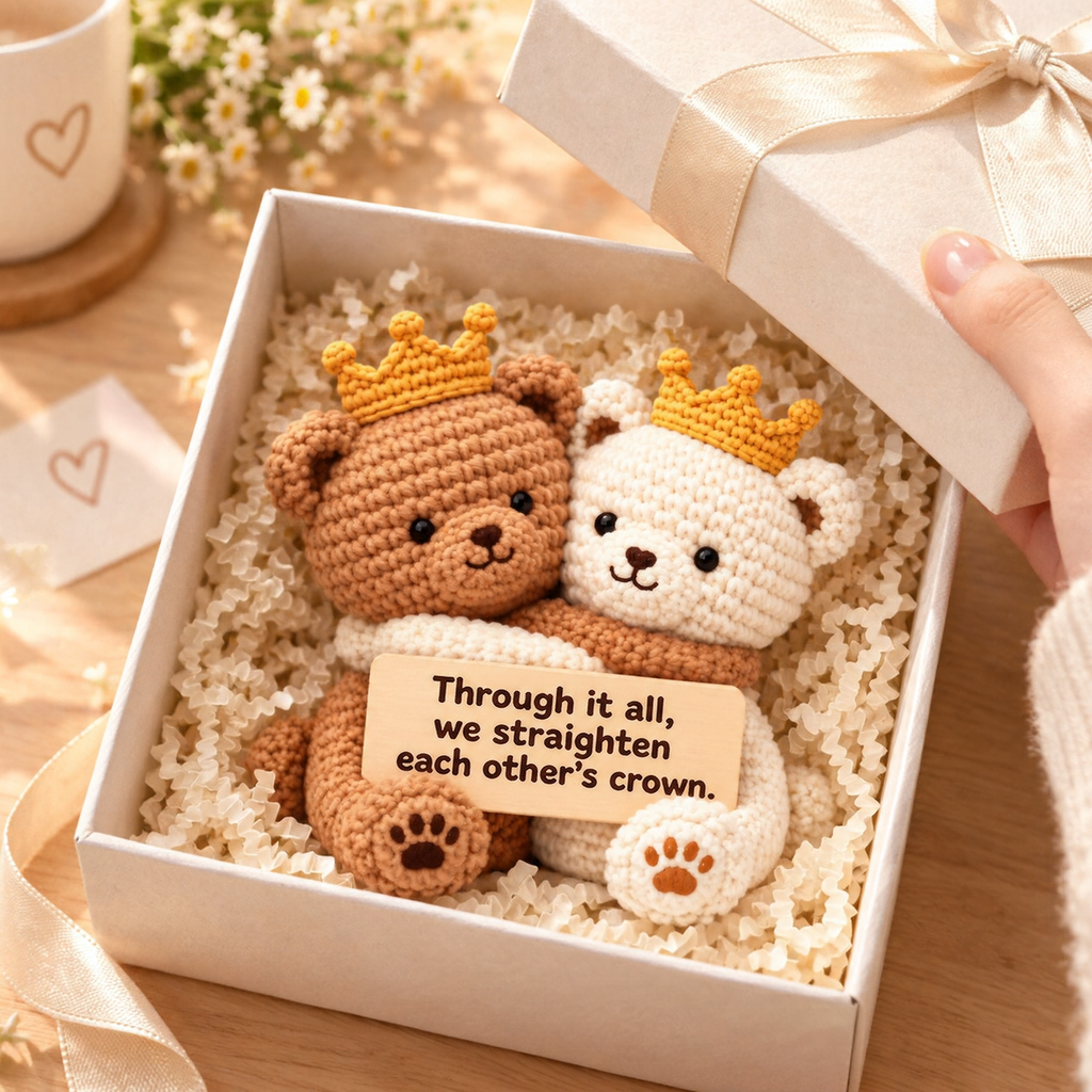 We Straighten Each Other's Crown Hugging Crochet Bear Pair
