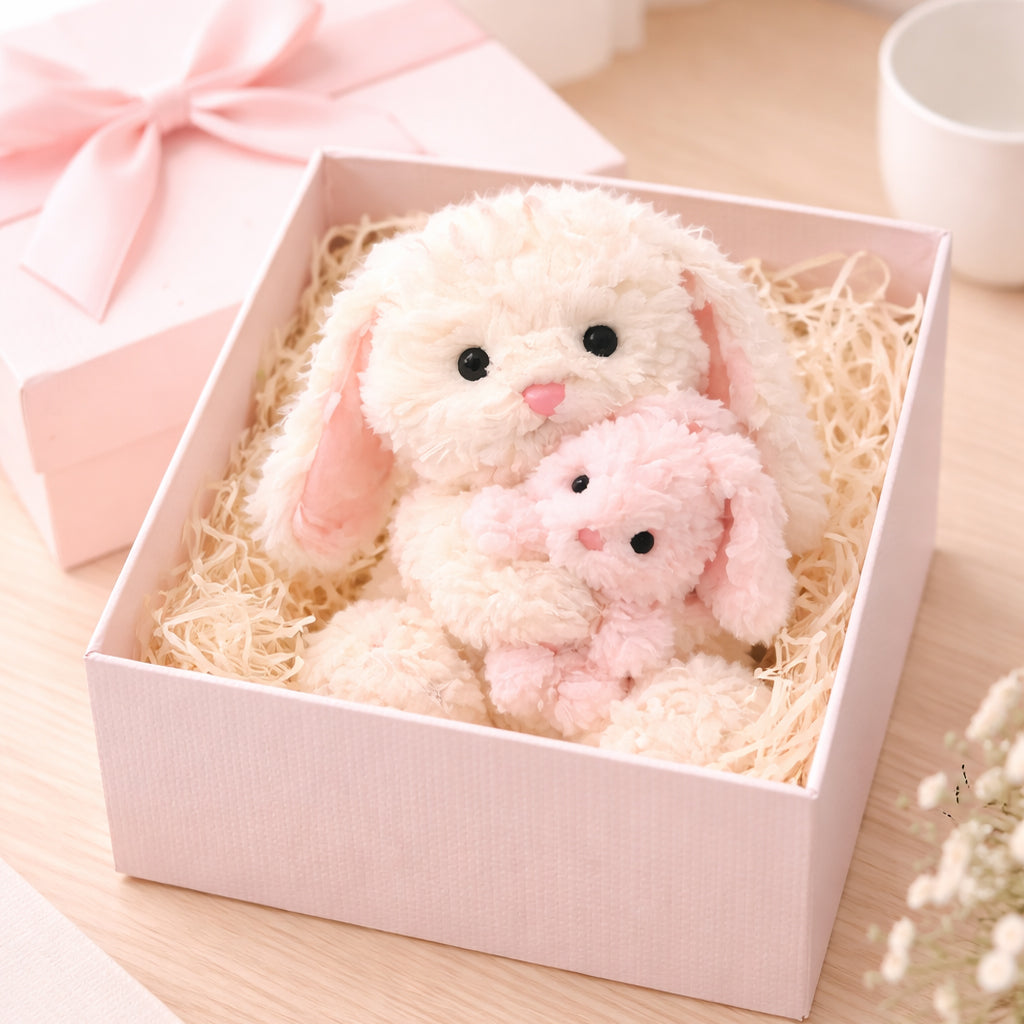 Hugging Mother & Daughter White & Pink Bunny Plush Gift for Mom