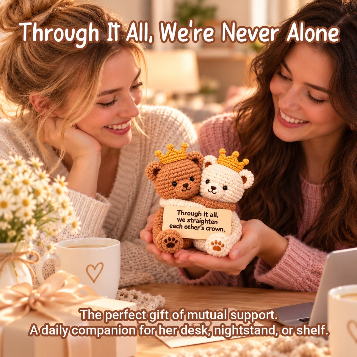 We Straighten Each Other's Crown Hugging Crochet Bear Pair