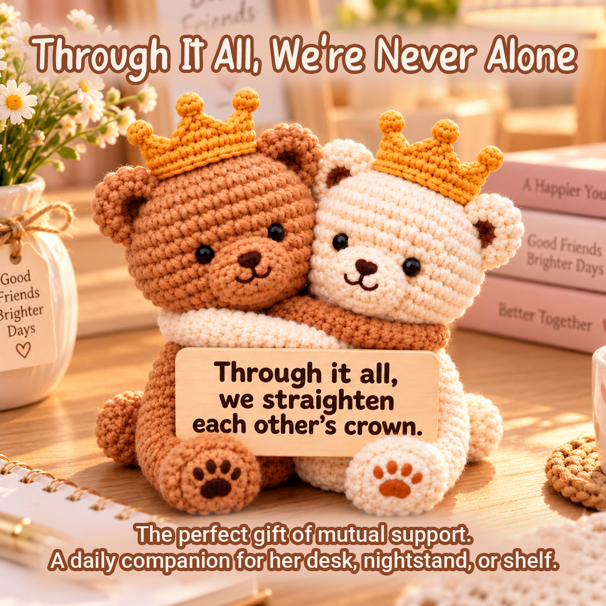 We Straighten Each Other's Crown Hugging Crochet Bear Pair