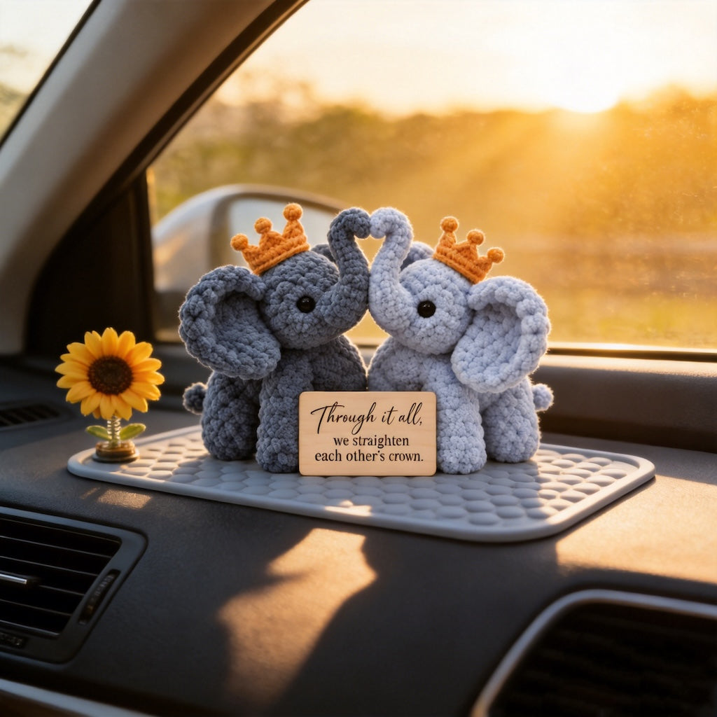We Straighten Each Other's Crown Crochet Elephant Pair