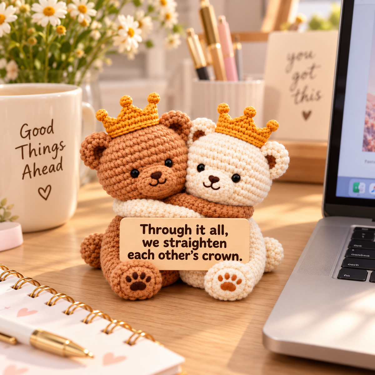 We Straighten Each Other's Crown Hugging Crochet Bear Pair
