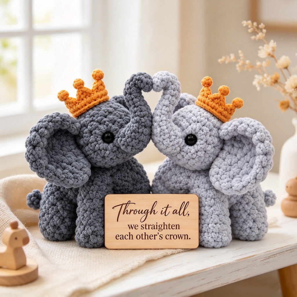 We Straighten Each Other's Crown Crochet Elephant Pair